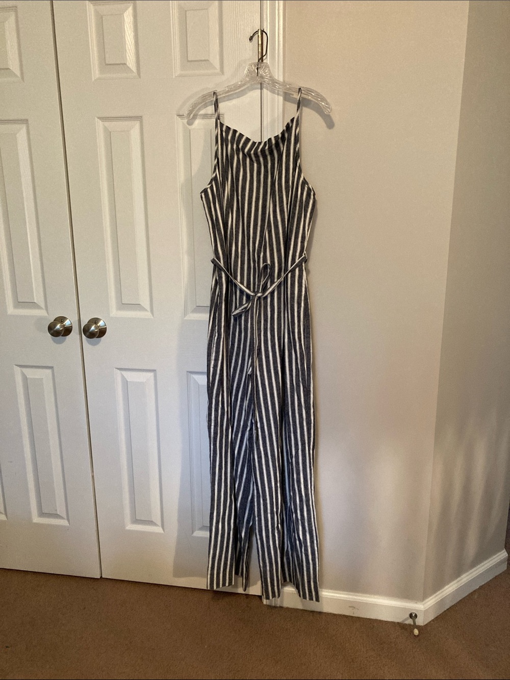 Madewell pleated wide leg jumpsuit in pinstripe linen blend